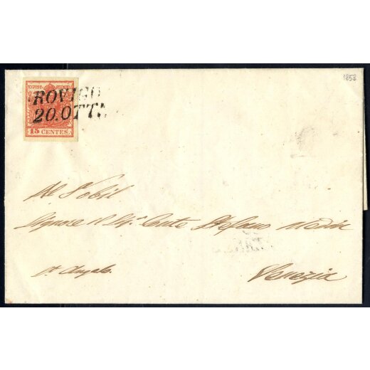 1850, 15 Cent. rosso salmone intenso con &quot;stampa molto confusa&quot; su lettera, ex Provera (S. 6g)