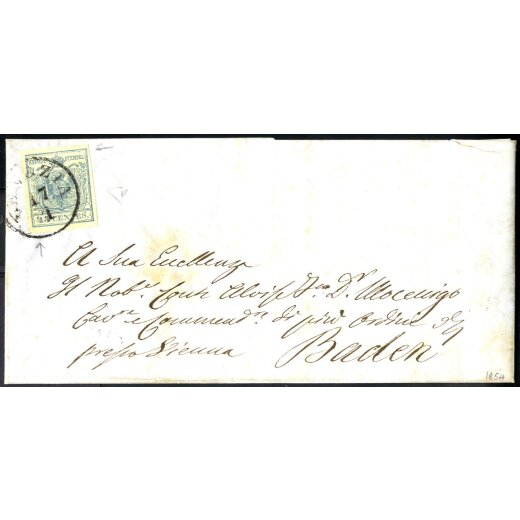 1850, 45 Cent. azzurro ardesia su lettera da Venezia 17.1.1854 per Baden, firm. E. Diena (S. 11)