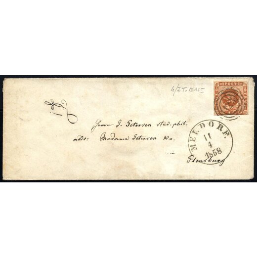 1854, 4 S. orangebraun auf Brief von Meldorf 11.4.1858 nach Flensburg, Marke mit Nummernstempel "123" entwertet (Mi. 4)