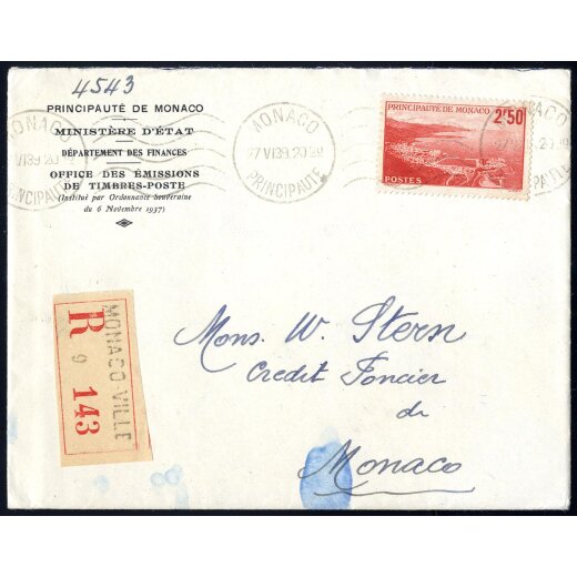 1939, eingeschriebener Brief von Monaco Ville vom 27.6., Mi. 182