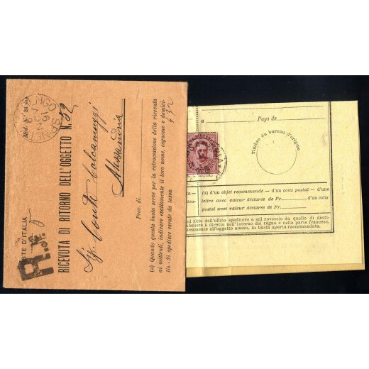 1891, Ricevuta di ritorno bilingue da Alessandria 1.11.1891 affrancata con 10 Cent. carminio, in allegato la sua bustina per la rispedizione, piegata per essere inserita nella bustina (Sass. 38)