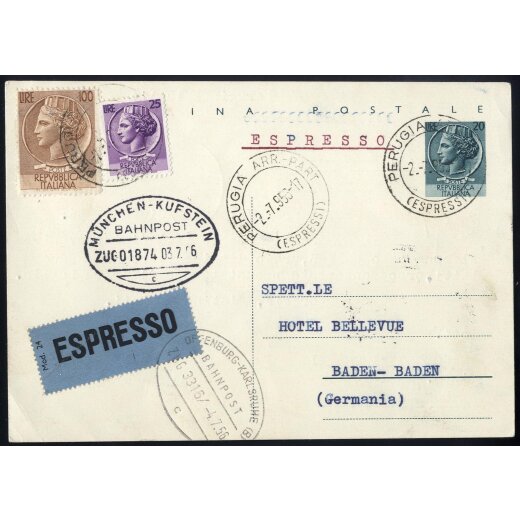 1956, intero postale da 20 L. con affrancatura aggiunta 25 e 100 L. Italia Turrita da Perugia il 2.7.56 per Baden-Baden (Germania)