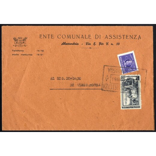 1951, lettera con 15 L. recapito autorizzato e 5 L. Lavoro usati ad Alessandria per citt?, francobollo ordinario usato per recapito autorizzato