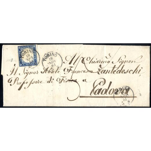 1861, lettera da Torino il 18.11.61 per Padova affrancata con 20 c. Sardegna