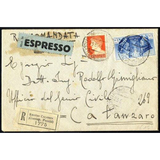 1941, lettera espresso raccomandata affrancata per 3 l. da Reggio Calabria per Catanzaro