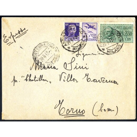1943, lettera espresso affrancata per 1,75 l. da Abbiategrasso per Torno