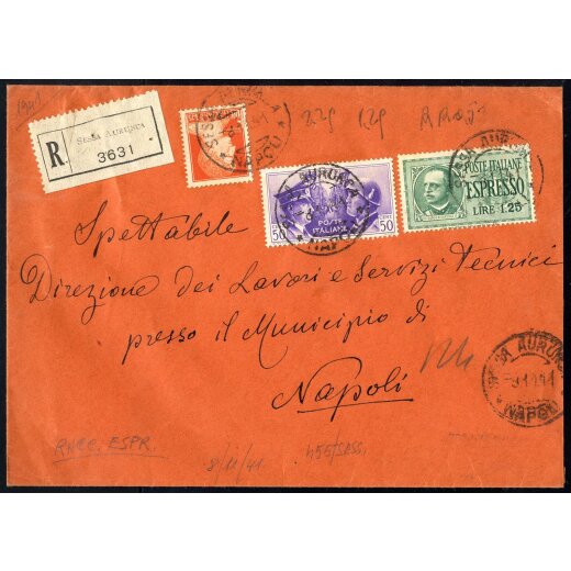 1941, lettera espresso raccomandata affrancata per 3,50 l. da Sessa Aurunca per Napoli