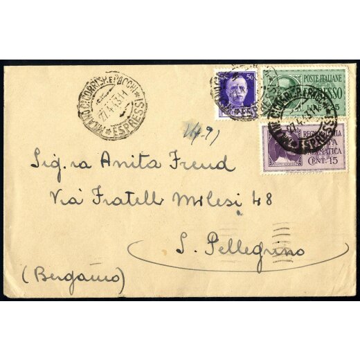 1943, lettera espresso affrancata per 1,90 l. da Milano per S. Pellegrino affrancata tra l´altro con 15 c. Posta Pneumatica