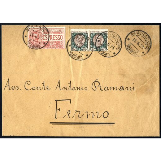 1923, lettera espresso affrancata per 2,60 l. da Ripatransone per Fermo, Sass. E7