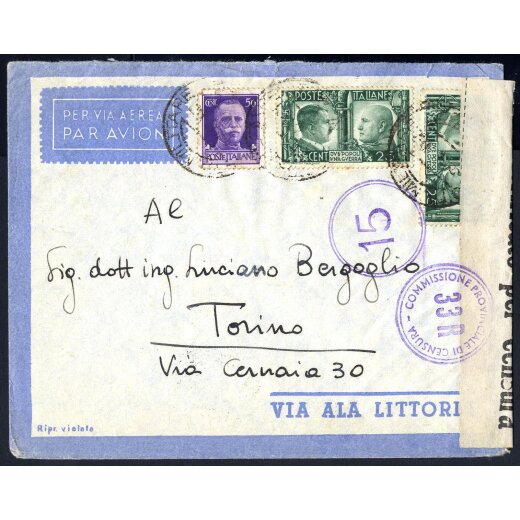 1942, lettera aerea da Posta Militare 152 per Torino affrancata per 1 l., censurata