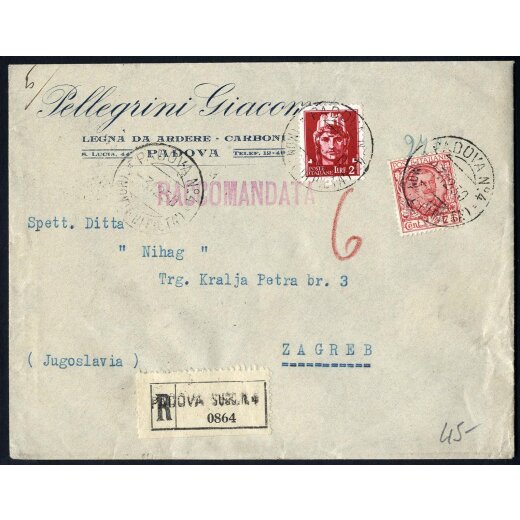 1930, lettera racconamdata da Padova per Zagreb affrancata per 2,75 l.