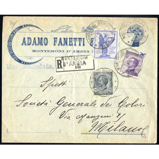 1922, lettera racconamdata da Monteroni d´Arbia per Milano affrancata per 90 c.