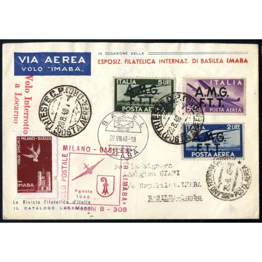 1948, lettera aerea da Trieste per Basilea affrancata per 57 l., Volo postale Milano-Basilea, interrotto a Locarno, Sass. A 2,3,6