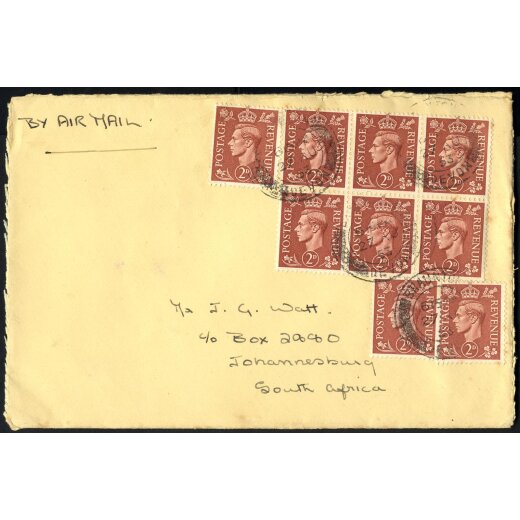 1953, air mailed letter to Johannisburg with SG 506 block of 6 and three