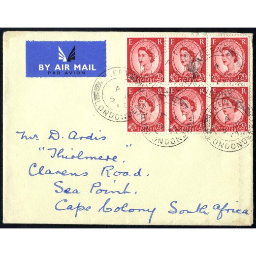 1952, FDC air mailed to Cap Colony with block of six 2 1/2 d.,