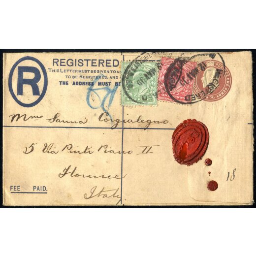 1905, registred letter card with 1/2 and 1 d. to Florence