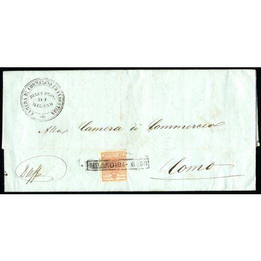 1850, Lettera da Milano 24.6.1852 per Como affrancata con 15 Cent. rosa (S. 5)