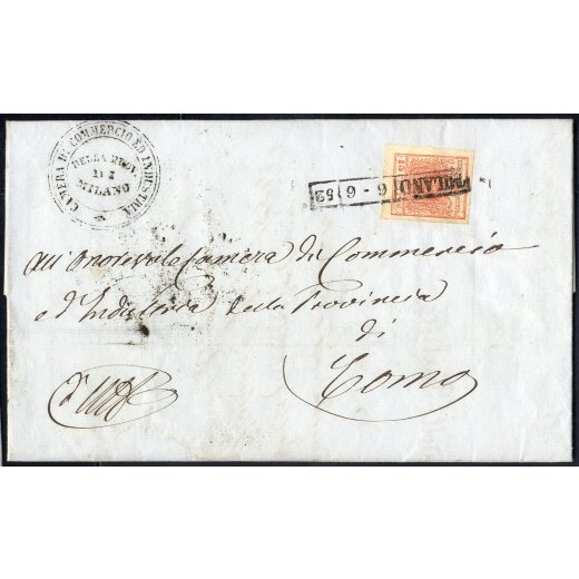 1850, Lettera da Milano 6.6.1852 per Como affrancata con 15 Cent. rosa carminio (S. 5)