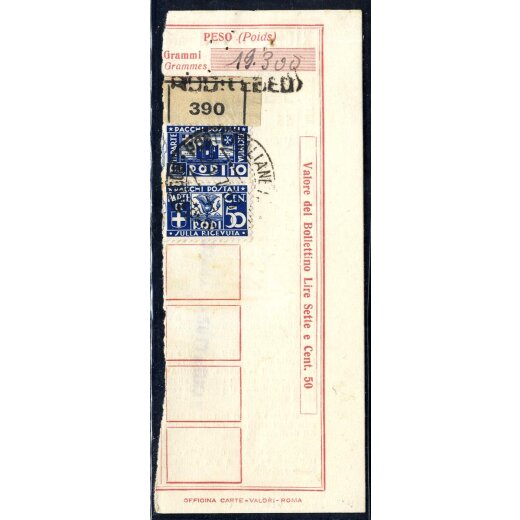 1939, Ricevuta di bollettino del 29.7.1939 con due parti destre di pacchi postali 50 Cent. + 10 Lire (S. 5+11)