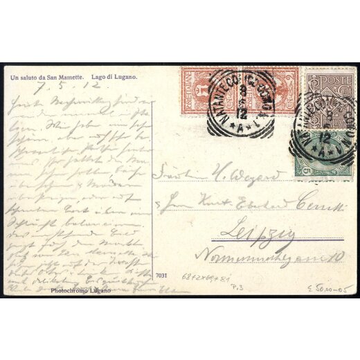 1912, Natante Como - Colico, cartolina del 8.6.1912 per la Germania affrancata con Sass. 68+69+69+81