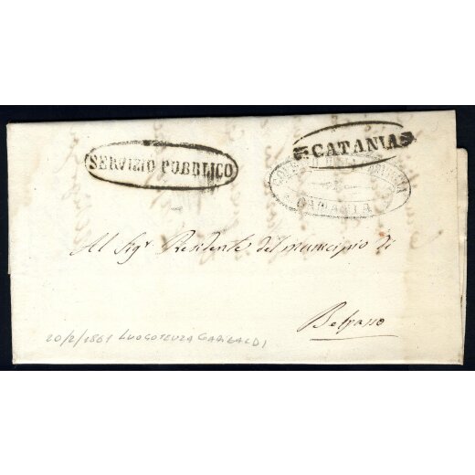 1861, Lettera in franchigia da Catania 20.2.1861 per Belpasso, annulli &quot;CATANIA&quot; e &quot;SERVIZIO PUBBLICO&quot; sul fronte