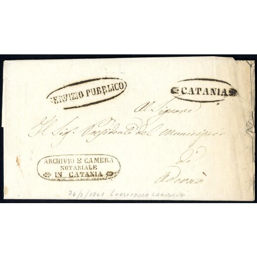 1861, Lettera in franchigia da Catania 26.2.1861 per Adorn?, annulli "CATANIA" e "SERVIZIO PUBBLICO" sul fronte