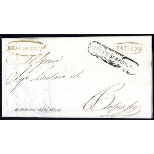 1840, Lettera in franchigia da Nicolosi 15.3.1840 per Belpasso, annulli "PATERN?" e "REAL SERVIZIO" sul fronte