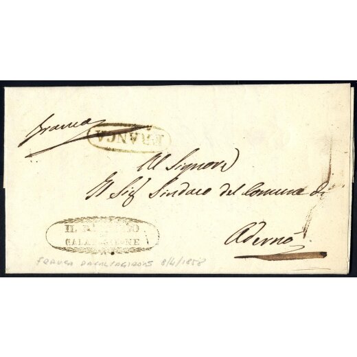 1858, Lettera in franchigia da Caltagirone 8.4.1858 per Adern?, annullo "FRANCA" sul fronte