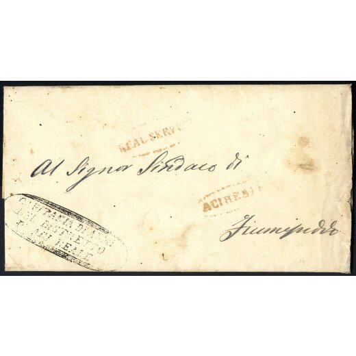 1857, Lettera in franchigia da Acireale 3.6.1857 per Fiumefreddo, annulli "ACIREALE" e "REAL SERVIZIO" in rosso sul fronte