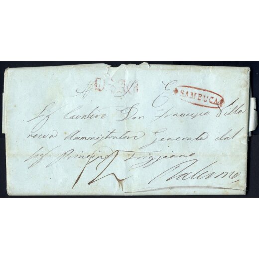 "SAMBUCA", annullo ovale in rosso su lettera del marzo 1845 per Palermo, tassa "12" sul fronte