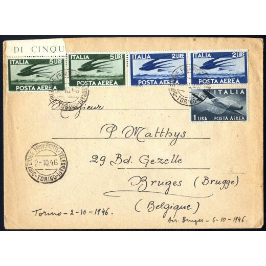 1946, Lettera da Torino 2.10.1946 per il Belgio affrancata per 15 Lire con Sass. A126x2 + A127 + A129x2