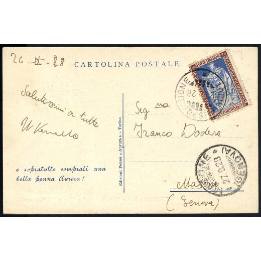 1928, Torino Esposizione, cartolina del 26.9.1928 per Masone affrancata con Sass. 226