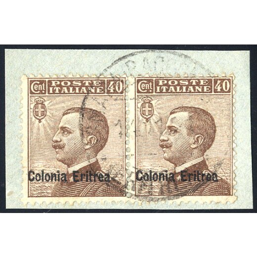 1916, 40 cent. bruno, coppia su frammento da Asmara 14.11.1921 (S. 38)
