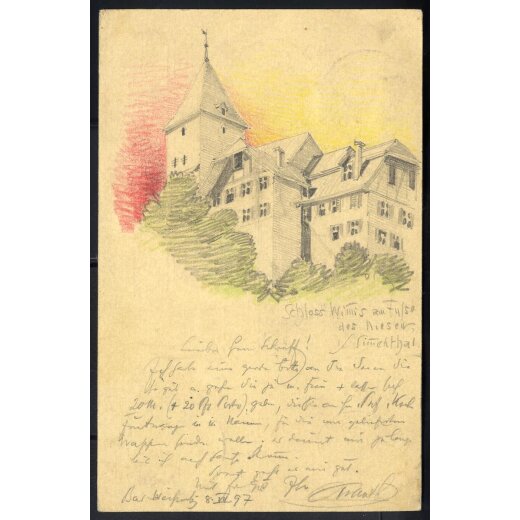 1897, Ganzsachenkarte 5 (C) mit wertgleicher Zusatzfrankatur von Weissenburg am 9.7. nach Karlsruhe, r&uuml;ckseitig Bleistiftzeichnung des Schlosses Wittis, Mi. P 22, 52