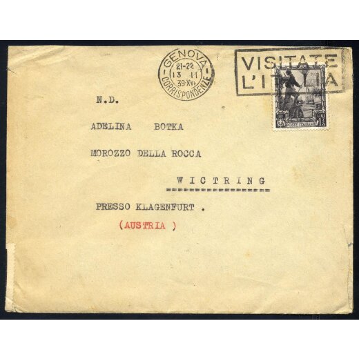 1939, lettera da Genova il 13.11.39 per Wictring (Austria) affranca con Sass. 446, striscia di censura sul verso