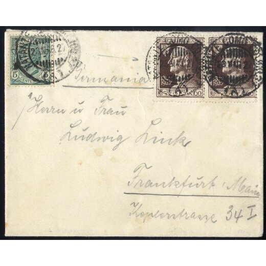 1927, lettera del 23.5.27 per Frankfurt (Germania) affranca con coppia 60 c. Volta con timbro "Natante Como Colico", Sass. 212