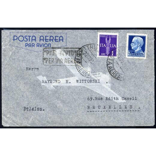 1939, Lettera da Trieste 20.12.1939 per via aerea a Bruxelles affrancata per 2,25 Lire con Sass. 253 + A14