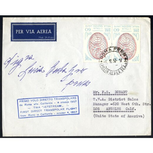 1957, Volo Roma - Los Angeles, busta del 4.10.1957 affrancata con coppia 60 Lire ONU, timbro speciale sul fronte, annullo d arrivo al verso (S. 807 - Pell. 765)