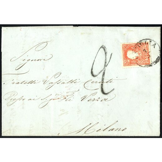 1859, Lettera da Ostiglia 7.3.1860 per Milano affrancata fino al confine con 5 Soldi rosso, tassa "2" sul fronte (S. 30)