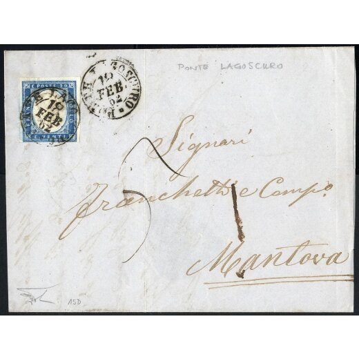 1861, 20 Cent. azzurro chiaro su lettera (incompleta al verso) da Pontelagoscuro 18.2.1862 per Mantova, tassa "5" Soldi sul fronte, firm. Bottacchi (S. 15D)