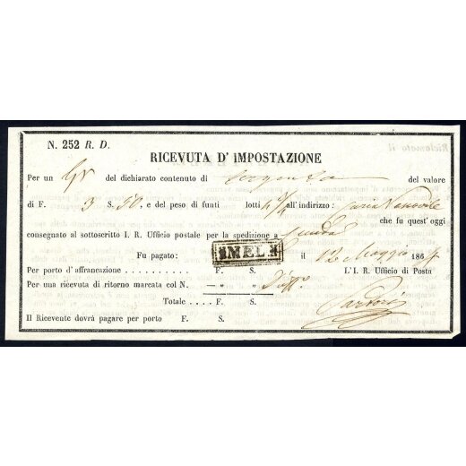 "MEL", annullo riquadrato di origine prefilatelica usato su ricevuta d impostazione del 12.5.1864 per Ceneda