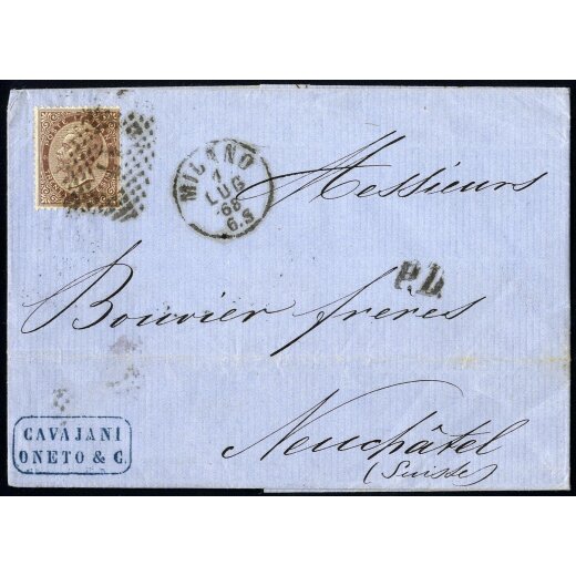 1868, 30 Cent. bruno castano, tiratura di Torino, su lettera da Milano 1.7.1868 per Neuchatel (S. T19)