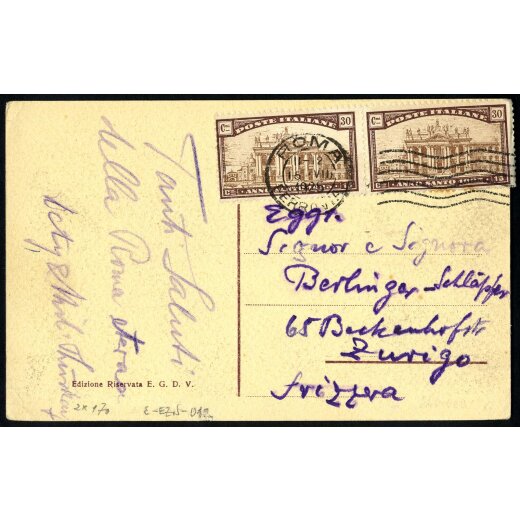 1924, Anno Santo, 30 + 15 Cent., coppia (debordante a destra) su cartolina da Roma 15.7.1925 per la Svizzera (S. 170)