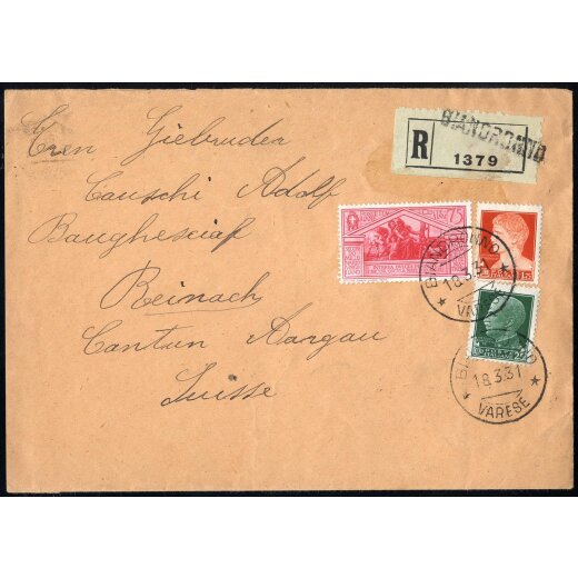 1931, Raccomandata da Biandronno 18.3.1931 per la Svizzera affrancata per 2,75 Lire con Sass. 248 + 254 + 287