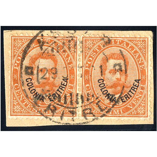 1893, 20 Cent. arancio, coppia su frammento con annullo di Assab (S. 5