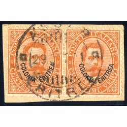 1893, 20 Cent. arancio, coppia su frammento con annullo...