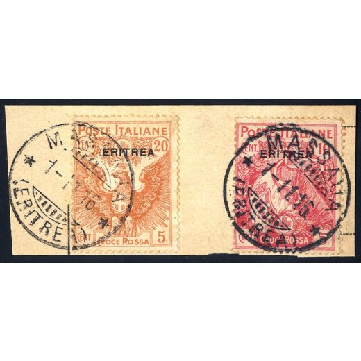1916, Croce Rossa, 10+5 Cent. e 20+5 Cent. su frammento, da Massaua 1.11.1916 (S. 41+44)