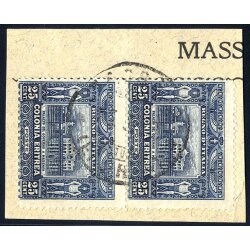 1910/14, 25 Cent. azzurro, coppia su frammento da Massaua...