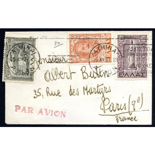 1952, luftpostbrief vom 29.11.1952 von Athen nach Paris, frankiert mit Dodekannes 100, 200 und 600 Dr., sauber gestempelt mit "ATHENAI, 29.XI.52, einwandfreie Erhaltung (Mi. 552, 563, 557).