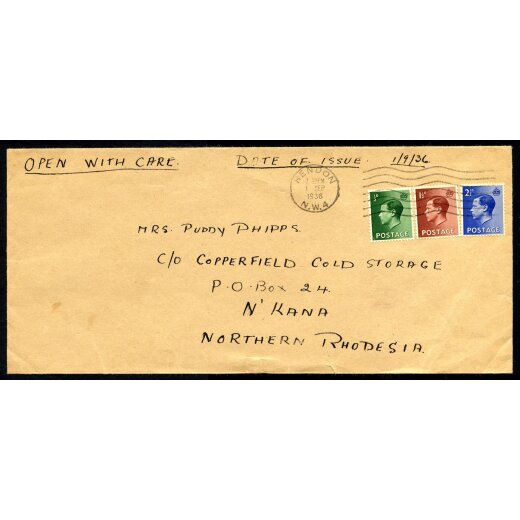 1936, FDC, Brief nach Nord-Rhodesien, Mi. 193,195,196 / 150,-